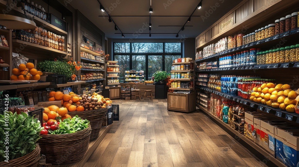 A well-organized grocery store with fresh produce and shelves. A well-organized grocery store with fresh produce and shelves.