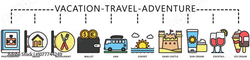 Travel, vacation, adventure flat color icon banner. contain van, lodge, restaurant, wallet, sun cream, sunset, sand castle and more. Vector EPS 10. for print, UI or UX kit, web and app development