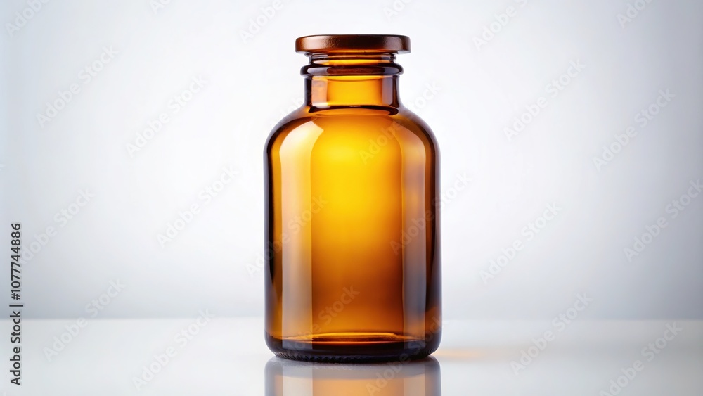 Empty Amber Glass Pill Bottle, Studio Photography, White Background Empty Amber Glass Pill Bottle, Studio Photography, White Background