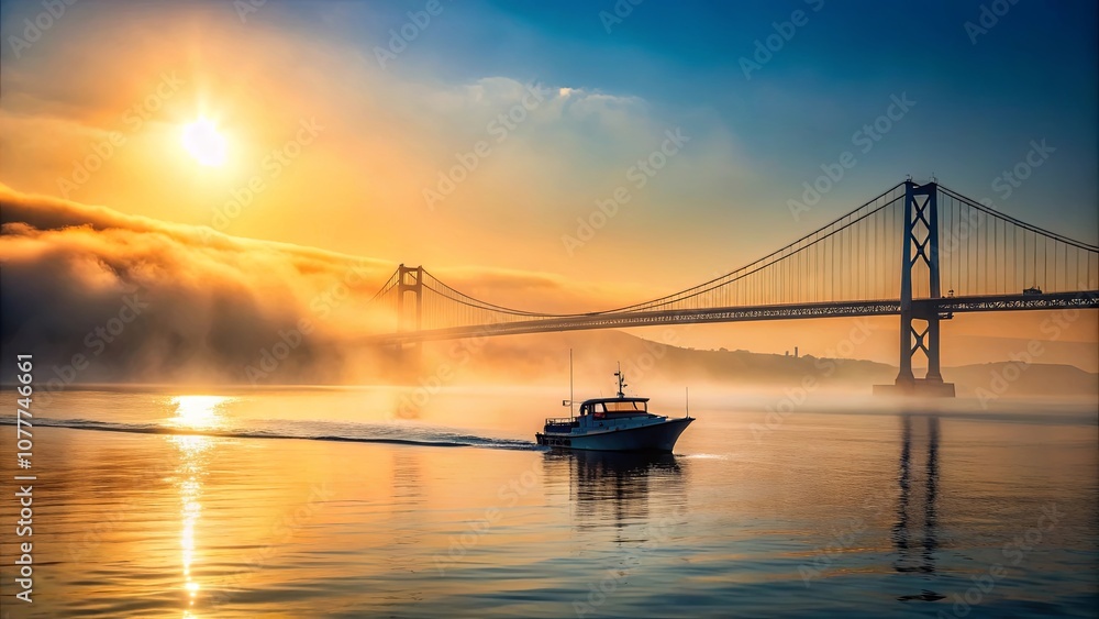 A lone vessel navigates the tranquil waters beneath a majestic suspension bridge bathed in the golden hues of a rising sun, while a blanket of mist shrouds the surrounding landscape. A lone vessel navigates the tranquil waters beneath a majestic suspension bridge bathed in the golden hues of a rising sun, while a blanket of mist shrouds the surrounding landscape.