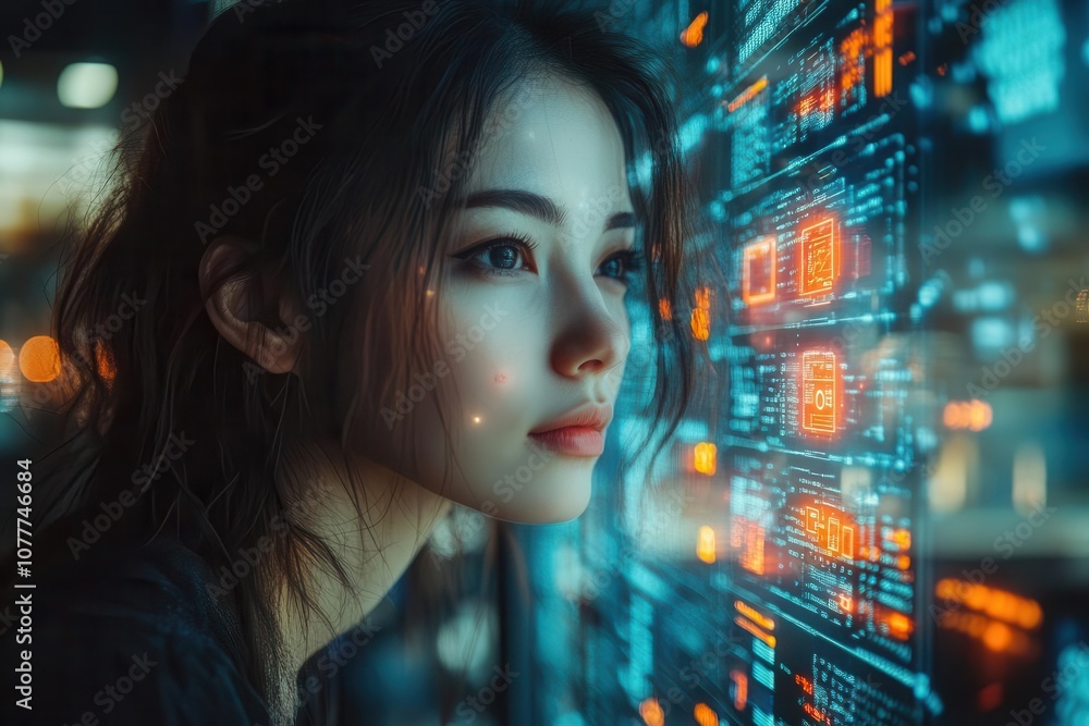 a dedicated woman coder intensely focuses on programming ai surrounded by holographic displays of data and cybersecurity visuals conveying a futuristic atmosphere of innovation and technology a dedicated woman coder intensely focuses on programming ai surrounded by holographic displays of data and cybersecurity visuals conveying a futuristic atmosphere of innovation and technology