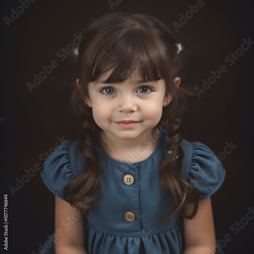 Niña con coletas altas, vestido azul y cabello oscuro.