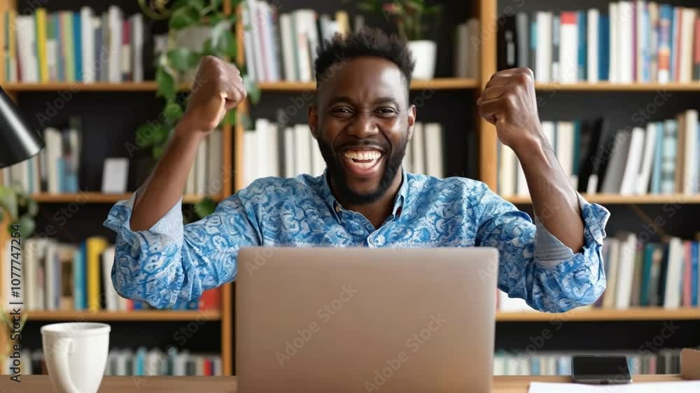 A man celebrates his success at home with excitement and joy while working on his laptop in a well-organized study A man celebrates his success at home with excitement and joy while working on his laptop in a well-organized study