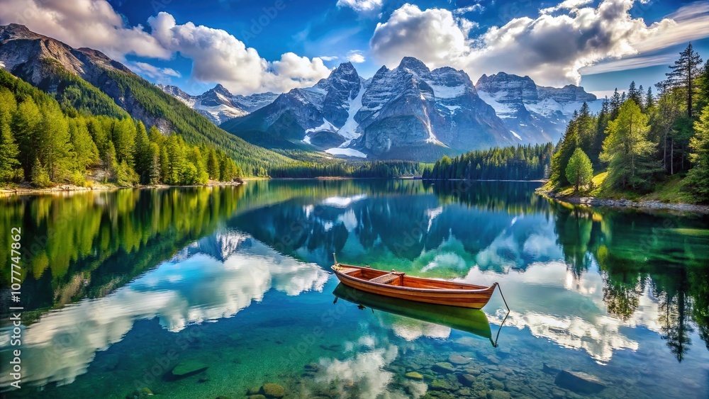 The tranquil mountain lake reflects a wooden boat, a serene image of stillness and calm. The tranquil mountain lake reflects a wooden boat, a serene image of stillness and calm.