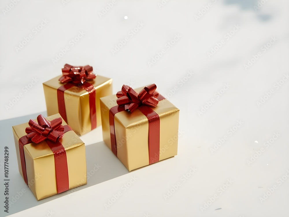 Fototapeta premium Golden Gifts and Gift Boxes with Red Ribbon Wrapping, Elegant Holiday or Celebration Presents with Festive Wrapping and Ribbon Accents