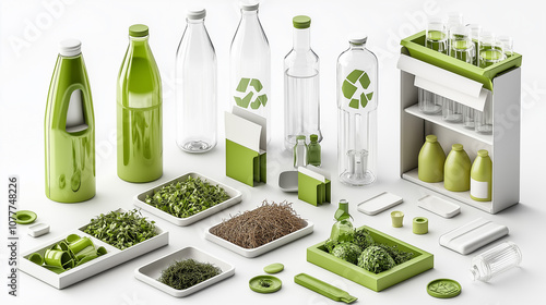 Eco friendly packaging and containers in green tones, featuring various bottles, jars, and plant based materials. Ideal for promoting sustainability and recycling photo