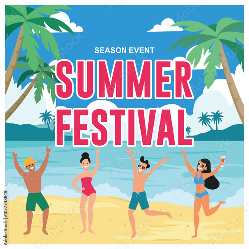 People celebrate the summer festival. Men and women dancing on the beach. Summer concept. Flat vector illustration.