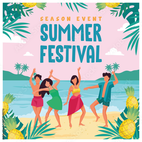 Boy and girl dancing on the beach. Celebrating summer festival on the beach. Summer concept. Flat vector illustration.