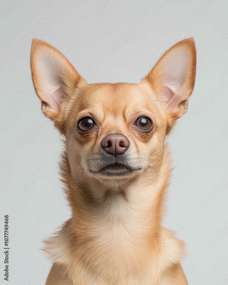 Chihuahua Close-Up Portrait with Alert Expression and Large Ears, Ideal for Pet Lovers and Small Dog Enthusiasts

