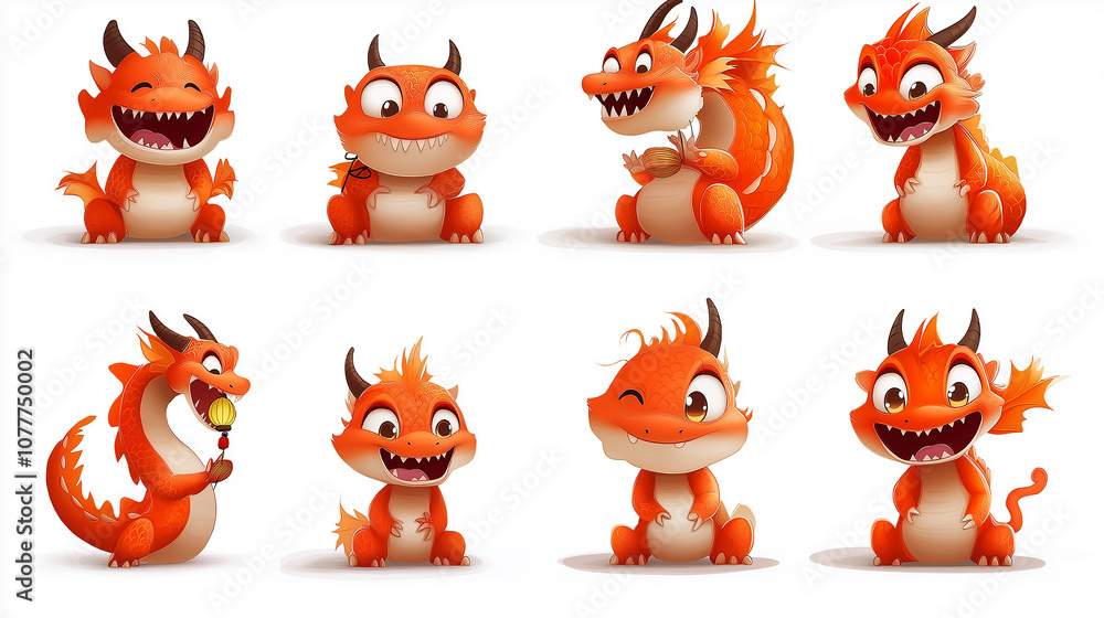 Obraz premium Cute orange dragons with various expressions and poses, showcasing playful and friendly features. These adorable creatures are perfect for children illustrations or animations