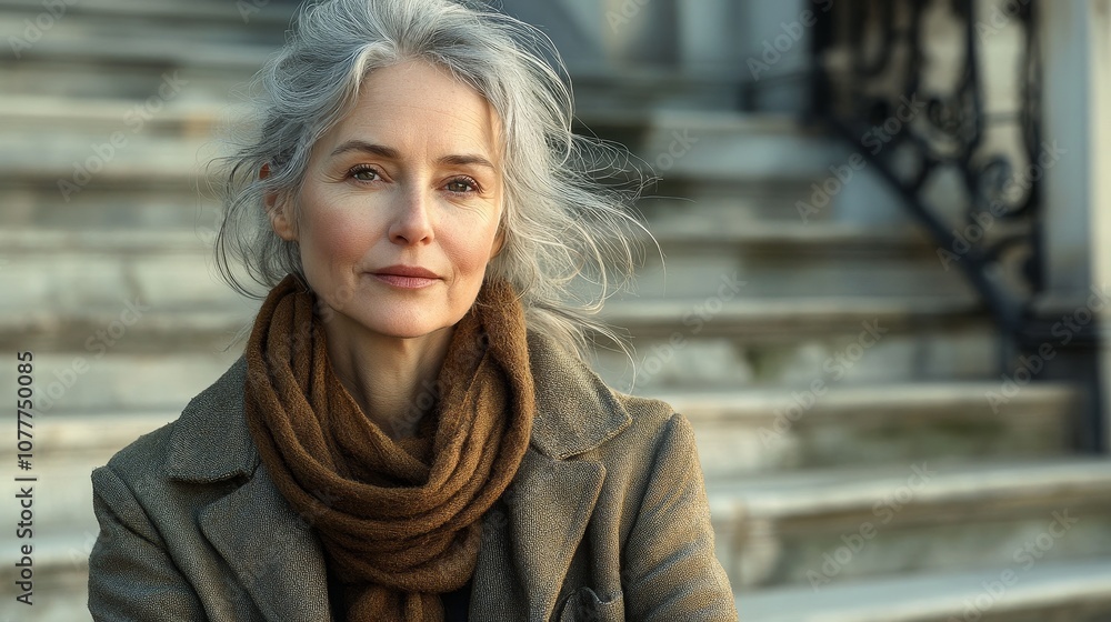 Middle-Aged Woman in Thoughtful Reflection Sitting on Library Steps, with Soft Wrinkles and Subtle Grey Hairs, Gentle Sunlight Casting Shadows in Realistic Portrait Style for a Quiet and Nostalgic Moo Middle-Aged Woman in Thoughtful Reflection Sitting on Library Steps, with Soft Wrinkles and Subtle Grey Hairs, Gentle Sunlight Casting Shadows in Realistic Portrait Style for a Quiet and Nostalgic Moo