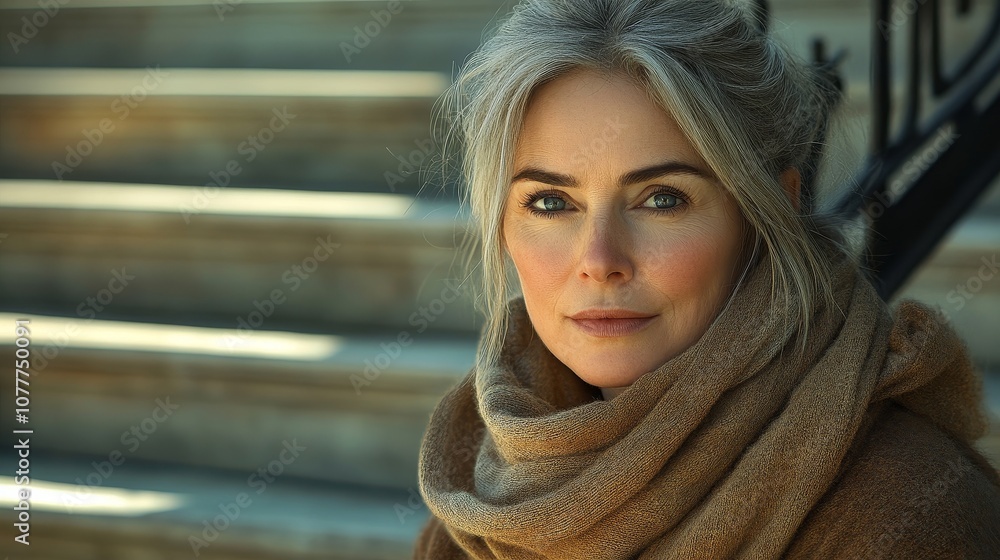 Middle-Aged Woman in Thoughtful Reflection Sitting on Library Steps, with Soft Wrinkles and Subtle Grey Hairs, Gentle Sunlight Casting Shadows in Realistic Portrait Style for a Quiet and Nostalgic Moo Middle-Aged Woman in Thoughtful Reflection Sitting on Library Steps, with Soft Wrinkles and Subtle Grey Hairs, Gentle Sunlight Casting Shadows in Realistic Portrait Style for a Quiet and Nostalgic Moo