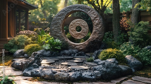 A circular stone sculpture with a hole in the center stands in a Japanese garden, surrounded by rocks and greenery.