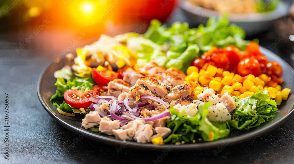 Fresh salad with grilled chicken, cherry tomatoes, corn, and onions Fresh salad with grilled chicken, cherry tomatoes, corn, and onions