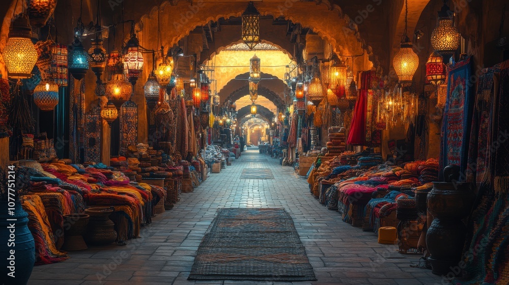 Fototapeta premium Vibrant market corridor filled with textiles and lanterns.