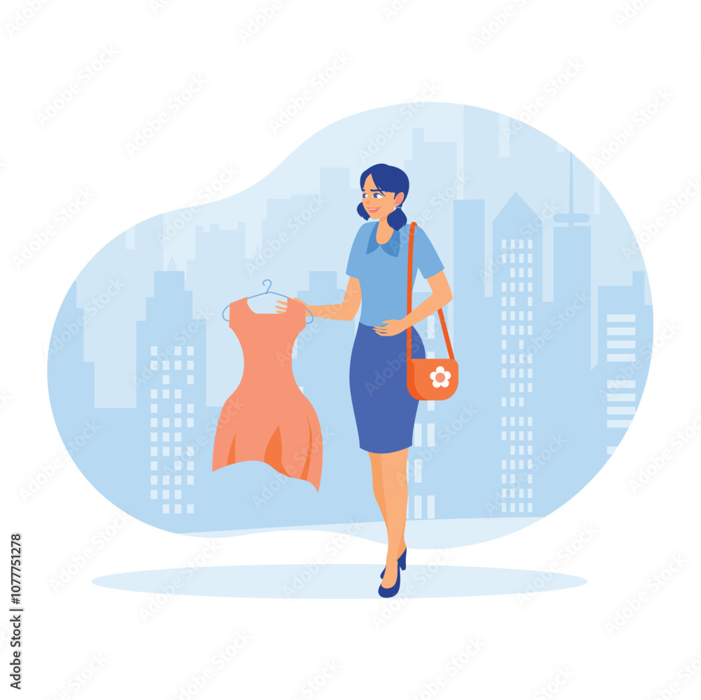 A woman holding a shirt. Young woman shopping for clothes. Family lifestyle activity concept. Flat vector illustration. A woman holding a shirt. Young woman shopping for clothes. Family lifestyle activity concept. Flat vector illustration.