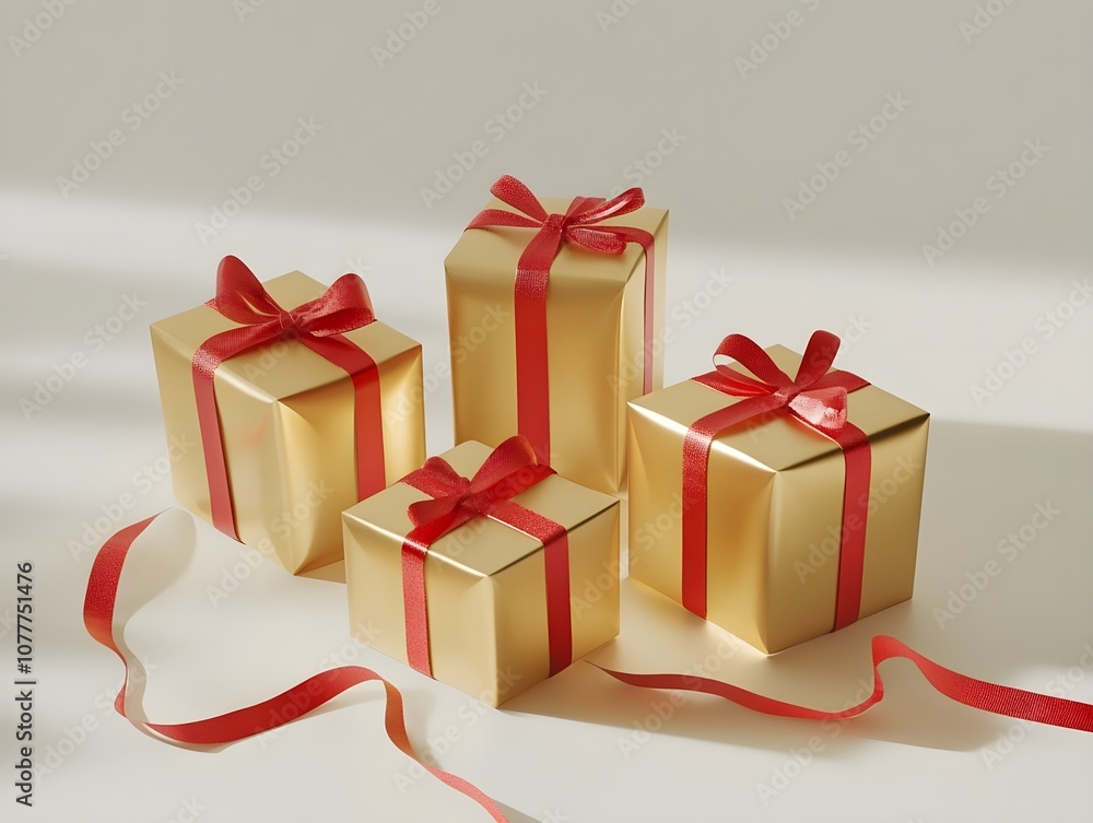 Obraz premium Golden Gifts and Gift Boxes with Red Ribbon Wrapping, Elegant Holiday or Celebration Presents with Festive Wrapping and Ribbon Accents