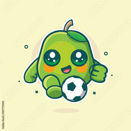 happy guava fruit character mascot playing football isolated cartoon