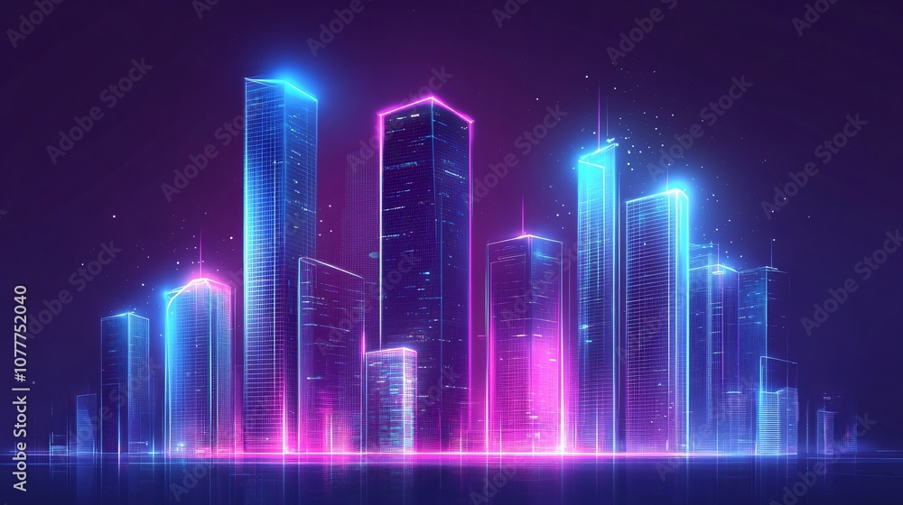 Neon Cityscape with Glowing Towers Neon Cityscape with Glowing Towers