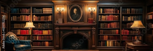 Classical library room with old books on shelves. Bookshelves in the library. Large bookcase with lots of books.	
