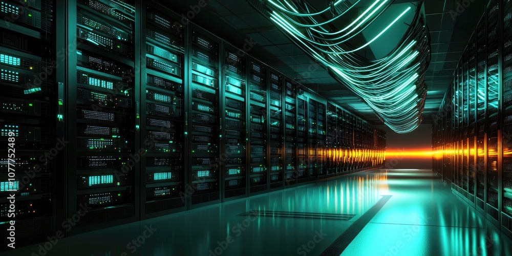 A futuristic server room with neatly arranged racks of servers, connected by glowing cables symbolizing data flow. A futuristic server room with neatly arranged racks of servers, connected by glowing cables symbolizing data flow.