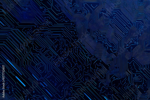 Close-up of a glowing neon circuit board pattern, showcasing intricate lines and electronic pathways in a vibrant blue hue