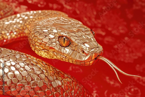 Close-up of a Golden Snake's Head with a Red Background photo