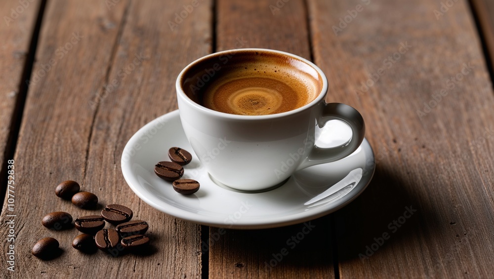 single white ceramic espresso cup and saucer placed on a rustic wooden table. The espresso cup is filled with a rich, dark brown coffee, topped with a light layer of crema single white ceramic espresso cup and saucer placed on a rustic wooden table. The espresso cup is filled with a rich, dark brown coffee, topped with a light layer of crema