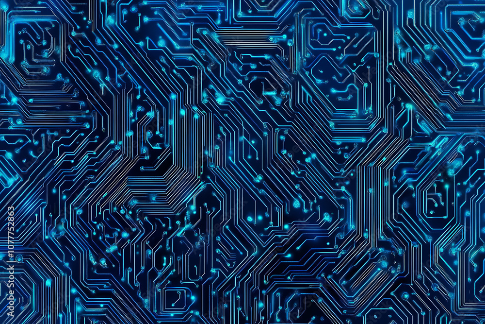 Close-up of a glowing neon circuit board pattern, showcasing intricate lines and electronic pathways in a vibrant blue hue Close-up of a glowing neon circuit board pattern, showcasing intricate lines and electronic pathways in a vibrant blue hue
