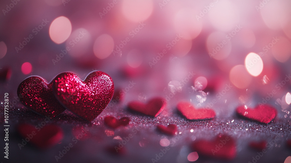 Sparkling red hearts scattered on a soft surface create a romantic atmosphere for Valentine's Day Sparkling red hearts scattered on a soft surface create a romantic atmosphere for Valentine's Day