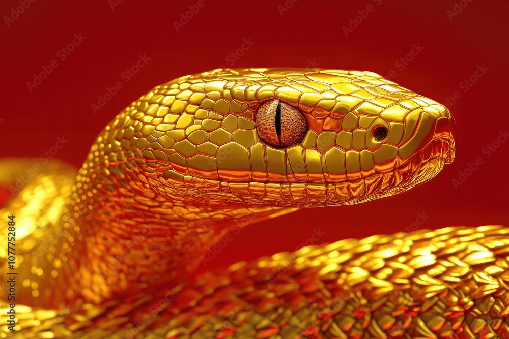 Fototapeta premium Close-Up of a Golden Snake's Head with a Red Background