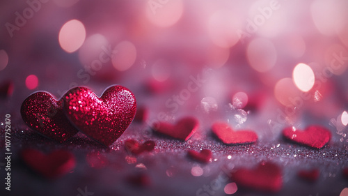 Sparkling red hearts scattered on a soft surface create a romantic atmosphere for Valentine's Day