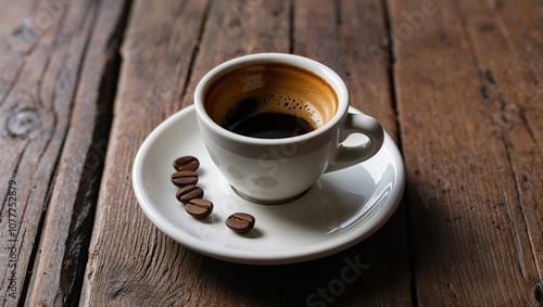 single white ceramic espresso cup and saucer placed on a rustic wooden table. The espresso cup is filled with a rich, dark brown coffee, topped with a light layer of crema