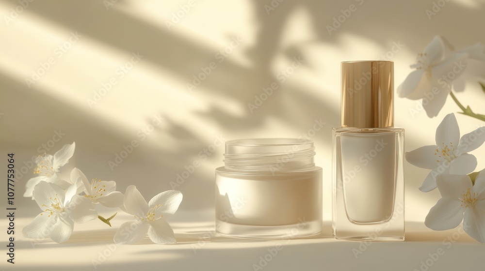 cream tube and cosmetic glass bottle with jasmine flower cream tube and cosmetic glass bottle with jasmine flower