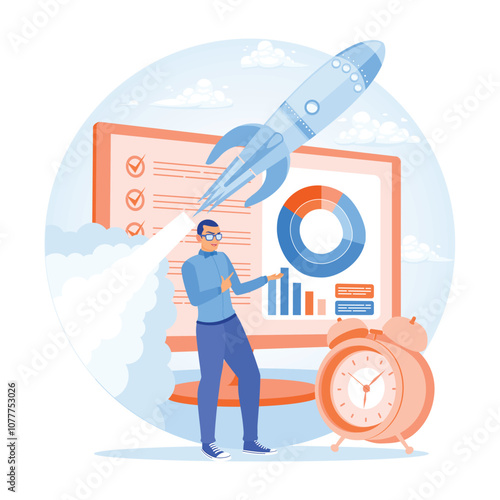 Businessman analyzing workflow processes. Perform project initiation and closure. Project implementation concept. Flat vector illustration.