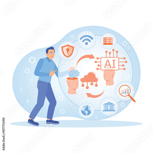 Man with AI automated chatbot. Improve workflow processes. Project implementation concept. Flat vector illustration.