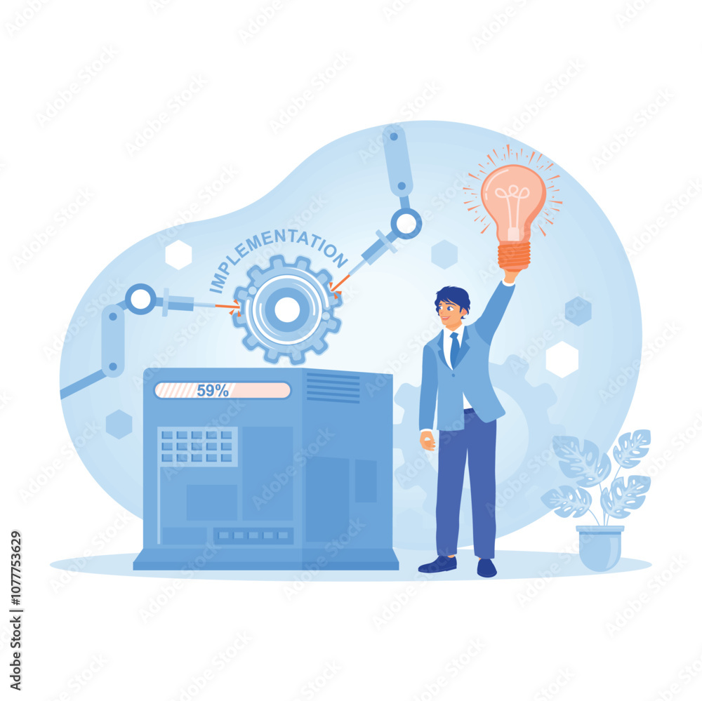 Businessman with an industrial robot. Men apply manufacturing process innovation. Project implementation concept. Flat vector illustration. Businessman with an industrial robot. Men apply manufacturing process innovation. Project implementation concept. Flat vector illustration.