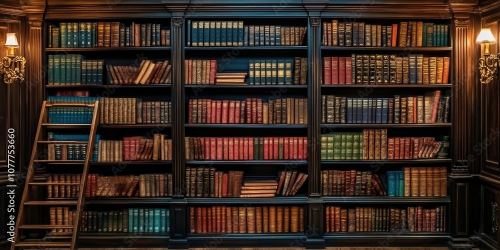Classical library room with old books on shelves. Bookshelves in the library. Large bookcase with lots of books. Classical library room with old books on shelves. Bookshelves in the library. Large bookcase with lots of books.