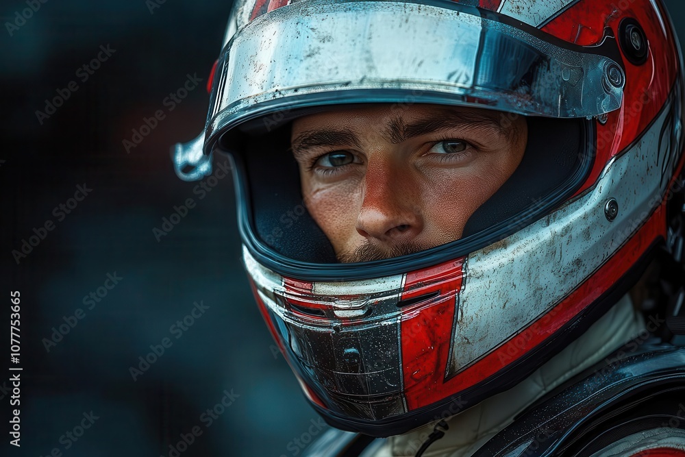 a male racer clad in a sleek racing suit and helmet stands poised against a dramatic dark backdrop exuding determination and adrenaline captured in a moment before the race a male racer clad in a sleek racing suit and helmet stands poised against a dramatic dark backdrop exuding determination and adrenaline captured in a moment before the race