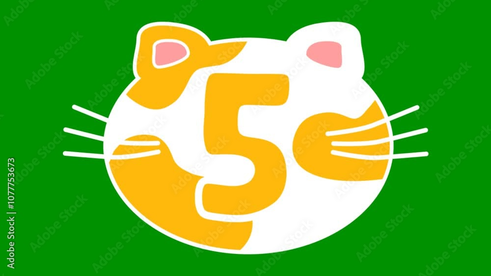 countdown animation in 10 seconds inside of cat's head on green screen background. suitable for children's learning. green screen background