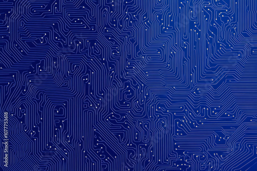 Close-up of a glowing neon circuit board pattern, showcasing intricate lines and electronic pathways in a vibrant blue hue 