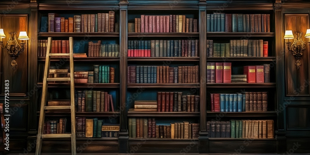 Classical library room with old books on shelves. Bookshelves in the library. Large bookcase with lots of books. Classical library room with old books on shelves. Bookshelves in the library. Large bookcase with lots of books.