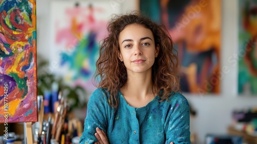 A confident European female artist poses thoughtfully in her vibrant studio, surrounded by her colorful artwork, embodying creativity and inspiration.