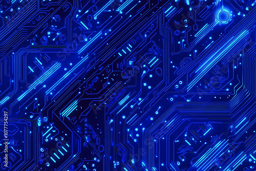 Close-up of a glowing neon circuit board pattern, showcasing intricate lines and electronic pathways in a vibrant blue hue 