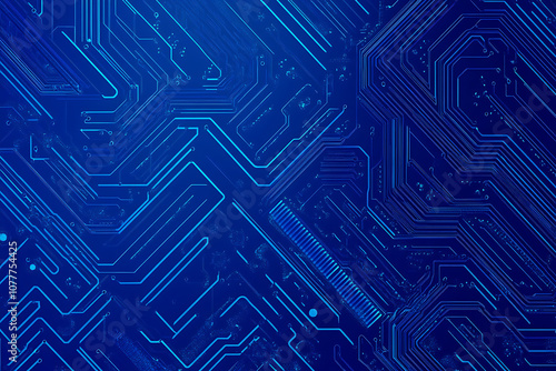 Close-up of a glowing neon circuit board pattern, showcasing intricate lines and electronic pathways in a vibrant blue hue