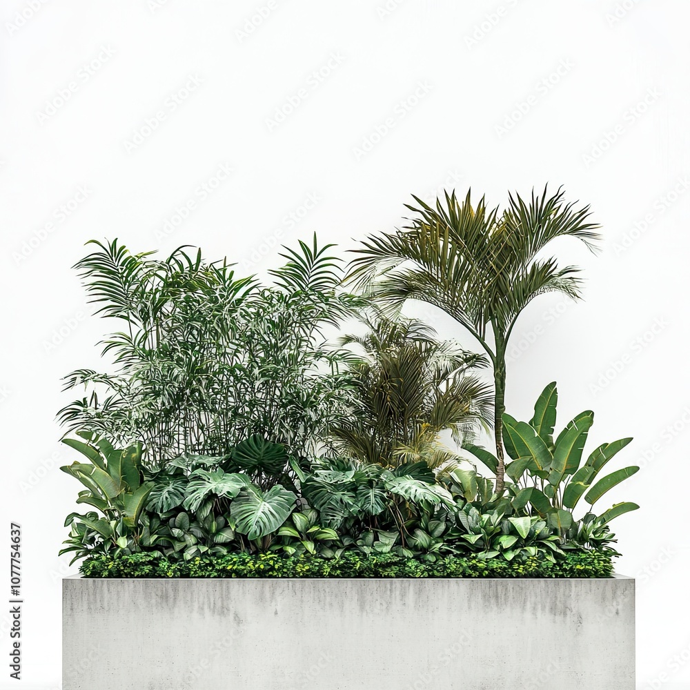 Tropical vegetation for concrete planters with white background, for architectural facades, inspiration on babilonian gardens,generative ai Tropical vegetation for concrete planters with white background, for architectural facades, inspiration on babilonian gardens,generative ai