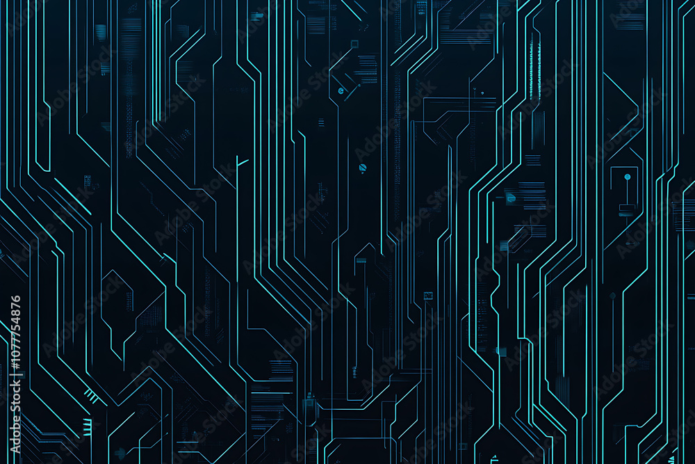 Close-up of a glowing neon circuit board pattern, showcasing intricate lines and electronic pathways in a vibrant blue hue Close-up of a glowing neon circuit board pattern, showcasing intricate lines and electronic pathways in a vibrant blue hue