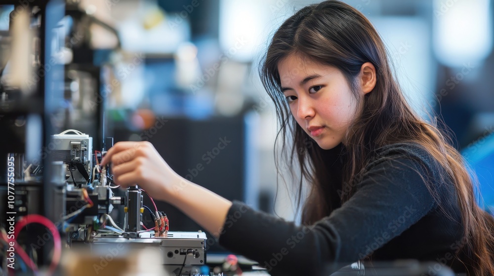 Young Woman Engaged in Programming and Developing IoT Devices in a Modern Workshop Setting, Featuring Intricate Technology and Hands-On Work Young Woman Engaged in Programming and Developing IoT Devices in a Modern Workshop Setting, Featuring Intricate Technology and Hands-On Work