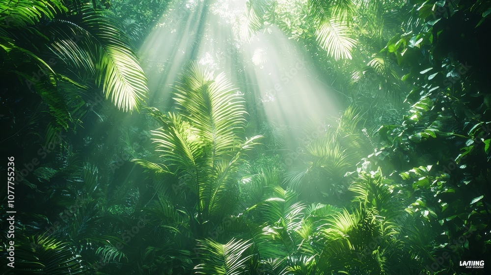 Sunlight penetrates the dense vegetation of the tropical rainforest canopy, creating a lush layer of green plants. Capturing the beauty and tranquility of nature in the pristine rainforest environment Sunlight penetrates the dense vegetation of the tropical rainforest canopy, creating a lush layer of green plants. Capturing the beauty and tranquility of nature in the pristine rainforest environment