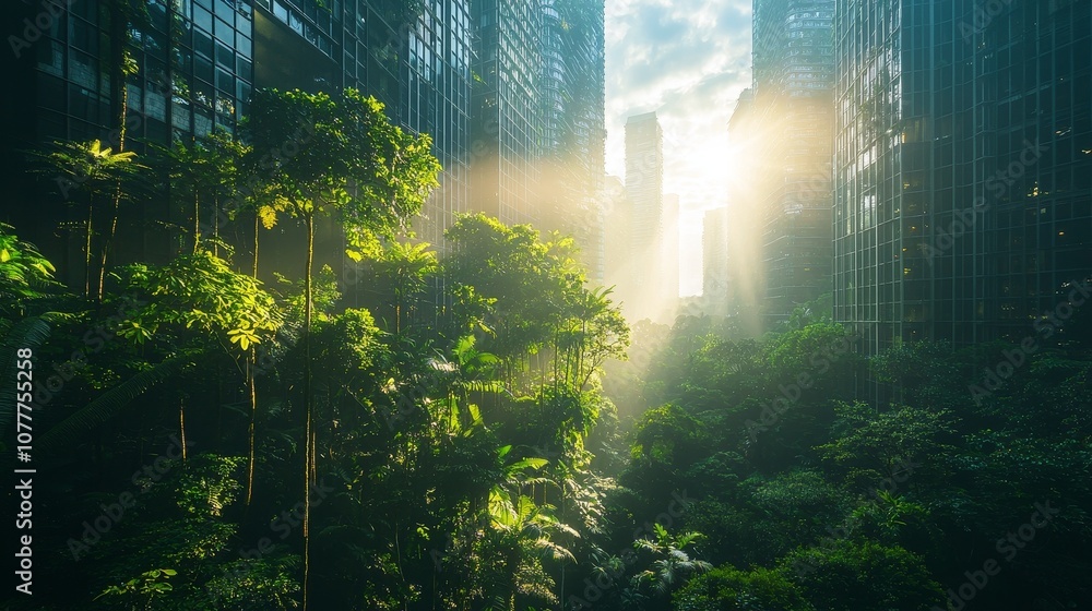 Sunlight penetrates the dense vegetation of the tropical rainforest canopy, creating a lush layer of green plants. Capturing the beauty and tranquility of nature in the pristine rainforest environment Sunlight penetrates the dense vegetation of the tropical rainforest canopy, creating a lush layer of green plants. Capturing the beauty and tranquility of nature in the pristine rainforest environment